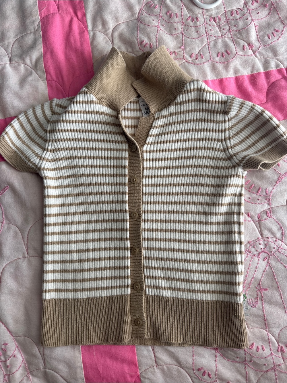 Carter's Short-Sleeve Button-Up Knit Top in Cream & Tan